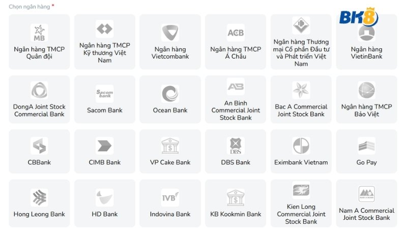 Hệ thống rút tiền BK8 liên kết với hơn 50 ngân hàng Việt Nam